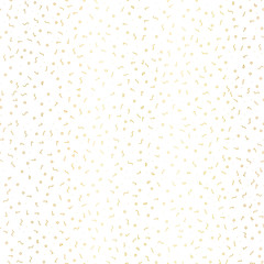 Gold foil Memphis style doodle vector pattern with different hand drawn shapes. Seamless background with golden lines, circles, triangles on white. Faux metallic Memphis hipster style illustration.