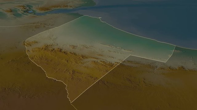 Awdal, region with its capital, zoomed and extruded on the relief map of Somalia in the conformal Stereographic projection. Animation 3D