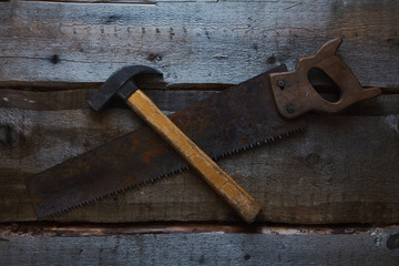 old tools on wooden background