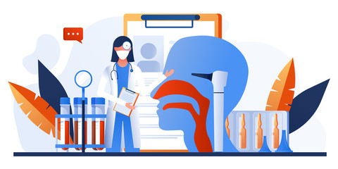 Otolaryngology tools. Ear doctor. Vector illustration. Nasopharynx and sinuses. Deaf awareness. Medical check up patient ear, nose and throat. Ear specula, otoscope, reflector, pharmacy banner.