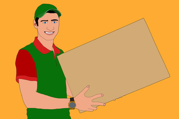 Young smiling man wearing t-shirt and cap holding box. Courier standing. Front view. Friendly looking delivery boy. illustration isolated on the background