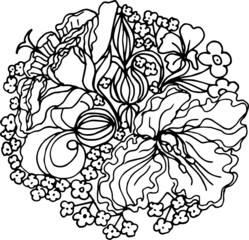 Doodle twigs flowers small elements, abstraction, stylization, flower arrangements Hand-drawn illustration. print, textiles, graphics, ink.
