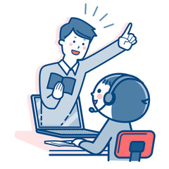 Boy taking online lessons / PC / Two colors