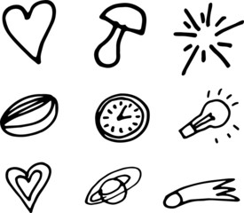 Doodle set new year and christmas. Graphic hand-drawn illustration. Holiday sketch. Vintage, retro, print, textiles. House, Christmas tree, toys, gifts, flowers and sweets