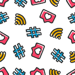 Web Icons Seamless Pattern. Social Media Signs Seamless Pattern. Web Icons Hand Drawn Seamless Pattern on white background isolated. Stock Vector Illustration. Cartoon style. 