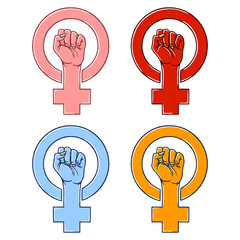 Symbol of the Feminist Movement Set. Woman Hand with her fist raised up. Girl Power Sign Set on white background isolated. Stock Vector Illustration.