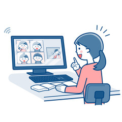 Teacher teaching online using a computer / Two colors