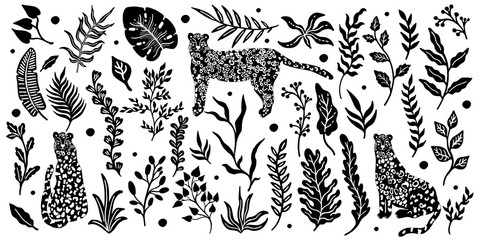 Naklejka premium Leopard animal seamless pattern. Tropical plant leaves background.