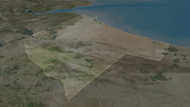 Awdal, region with its capital, zoomed and extruded on the satellite map of Somalia in the conformal Stereographic projection. Animation 3D