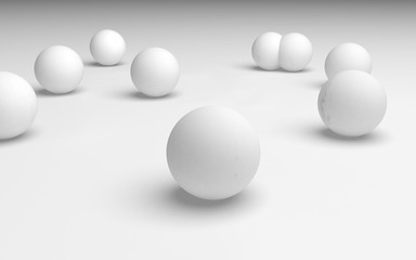 White abstract background. Set of white balls isolated on white backdrop. 3D illustration