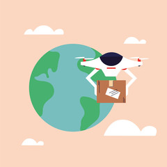 drone carries cardboard box, delivered by airmail