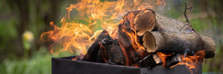Old barbecue grill with burning wood logs. Open fire from a metal box. Snack in the open air in a...
