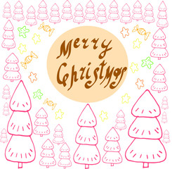 
Doodle sketch New Year greeting card with Christmas trees. Graphic hand-drawn illustration. Separate elements on a white background. Print, textiles. Vintage, retro, childish style. Christmas, holida