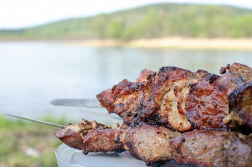 Pork meat on skewers on a background of water on nature. Summer and sun rays. Holidays with barbecue