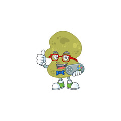 Cartoon mascot design of verrucomicrobia play a game with controller
