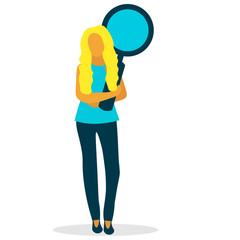female character with smm symbols. representative of 
successful business social media marketing compaing. Woman with magnifier on  shoulder. Cute vector illustration in flat style. 