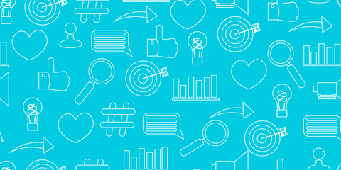 smm seamless pattern. Sign and icon for social media marketing on multi-colored square. News feed in online network. Cute illustration in flat style.