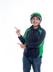 portrait of male driver pointing to white background