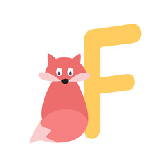Letter F with a cartoon camel from cute animal alphabet series A-Z. Pre school study. Flat vector illustration.