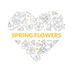Spring Flowers Banner Template with Wild Meadow Plants and Leaves of Heart Shape, Save the Date, Wedding Invitation, Congratulation Card, Boutique Logo Hand Drawn Vector Illustration