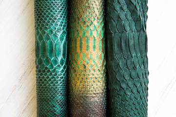 three different tones of trendy green painted snake python skin surface