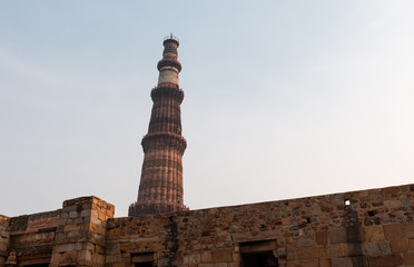 Fototapeta na wymiar The Qutb Minar, also spelled as Qutub Minar and Qutab Minar in New Delhi, India, January 2020