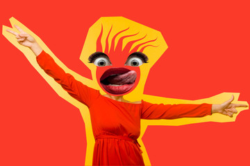 Stylish trendy collage of modern art. Screaming crazy female mouth and eyes instead of head on red and yellow background.