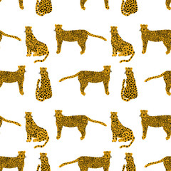 Leopard animal seamless pattern. Tropical plant leaves background.