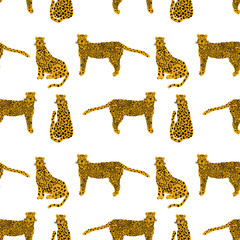 Leopard animal seamless pattern. Tropical plant leaves background.