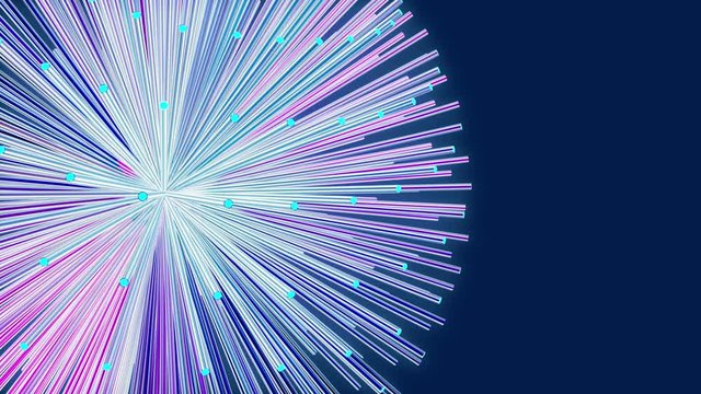 motion design element, spherical object made of many glowing multicolored rods with copy space