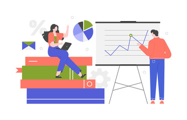 Financial analysis and training. A girl with a laptop sits on a stack of books, a guy stands at the blackboard with a graph. Vector flat illustration.