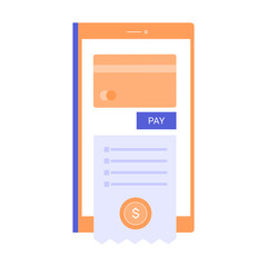 Mobile banking application and e-payment. Pay by credit card via electronic wallet wirelessly on smartphone. Purchase on the receipt. Vector flat illustration.