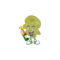 Happy face of verrucomicrobia cartoon design toast with a bottle of beer