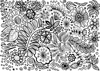 Doodle flowers. Graphic vector illustration. Black and white drawing. A set of small and different elements. Flowering, leaves, petals, buds, berries. On a white background. Print, textile
