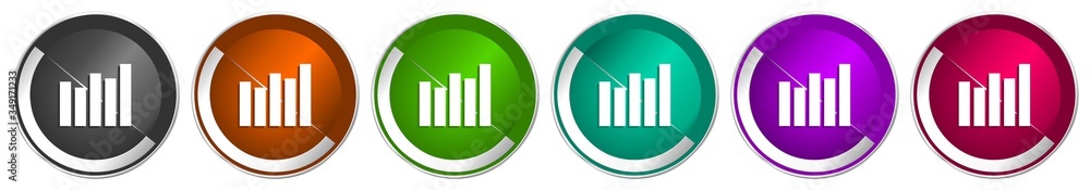 Poster graph icon set, diagram silver metallic chrome border vector web buttons in 6 colors options for web