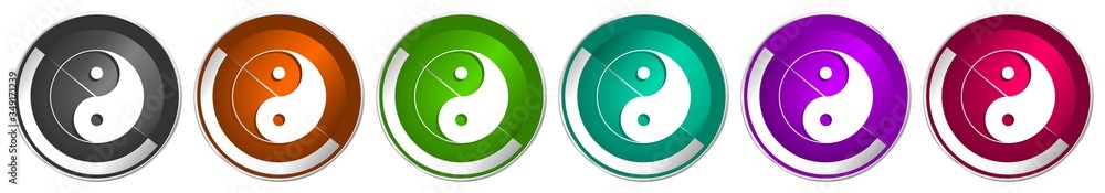 Poster Ying yang icon set, silver metallic chrome border vector web buttons in 6 colors options for webdesign
