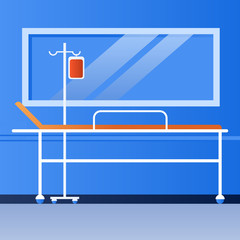 Empty hospital corridor. Health care clinic interior with medical equipment. Intensive therapy ward. No people room banner. Flat vector illustration.