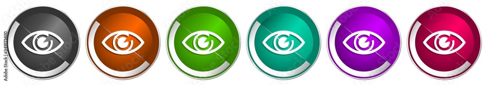 Poster eye icon set, silver metallic chrome border vector web buttons in 6 colors options for webdesign