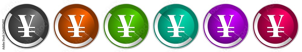 Poster Yen icon set, silver metallic chrome border vector web buttons in 6 colors options for webdesign