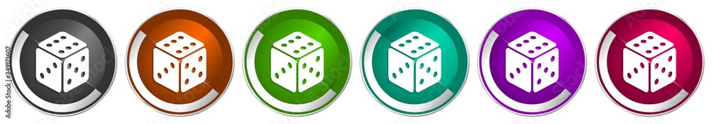 Poster Game icon set, silver metallic chrome border vector web buttons in 6 colors options for webdesign