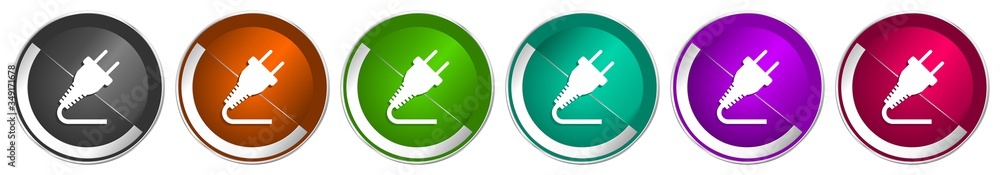 Leinwandbilder Plug icon set, silver metallic chrome border vector web buttons in 6 colors options for webdesign