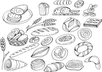 
Bread, pastries. Hand-drawn illustration. Doodle style, sketch. Buns, bread, loaf, bagels. Kitchen, food. Print, textile.