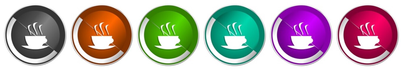 Coffee icon set, silver metallic chrome border vector web buttons in 6 colors options for webdesign