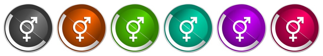 Sex icon set, silver metallic chrome border vector web buttons in 6 colors options for webdesign