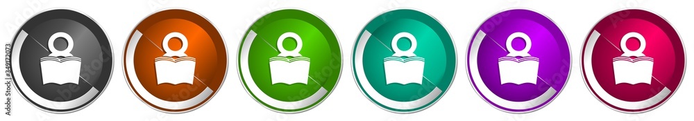 Poster Book icon set, silver metallic chrome border vector web buttons in 6 colors options for webdesign