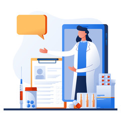 Doctor on smartphone screen talking with patient via mobile phone. Mobile web app for online consultation with therapist. Aids, tele medicine infographic. Online pharmacy order from drugstore.