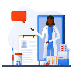 Doctor on smartphone screen talking with patient via mobile phone. Mobile web app for online consultation with therapist. Aids, tele medicine infographic. Online pharmacy order from drugstore.
