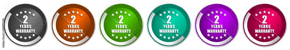Poster Warranty guarantee 2 year icon set, silver metallic chrome border vector web buttons in 6 colors options for webdesign