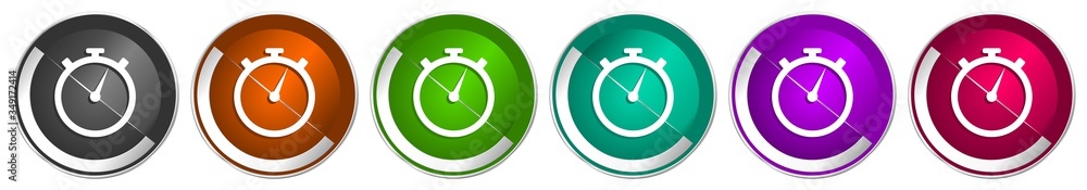 Poster stopwatch icon set, silver metallic chrome border vector web buttons in 6 colors options for webdesign
