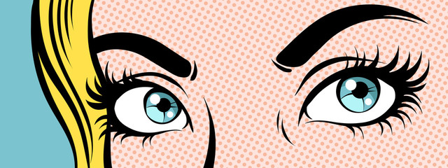 De ogen van de vrouw. Close-up, popart vectorillustratie.